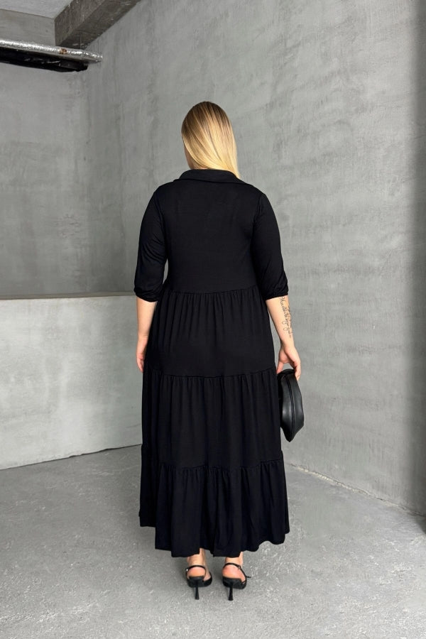 Büyük Beden V Yaka Yarım Kollu Beli Lastikli Uzun Elbise 302150 Vervegrand