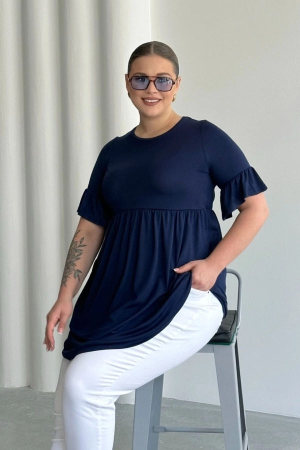 Büyük Beden Kol Detaylı Beli Lastikli Pileli Tunik T-shirt T42 Vervegrand