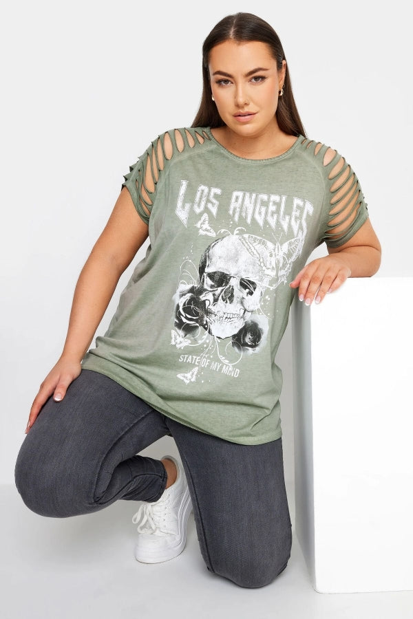 Büyük Beden Bisiklet Yaka Kol ve Omuz Detaylı Baskılı T-shirt 302895 Vervegrand