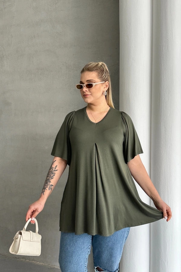 Büyük Beden V Yaka Desensiz Asimetrik Kesim Likralı Bluz MDL-4 Vervegrand