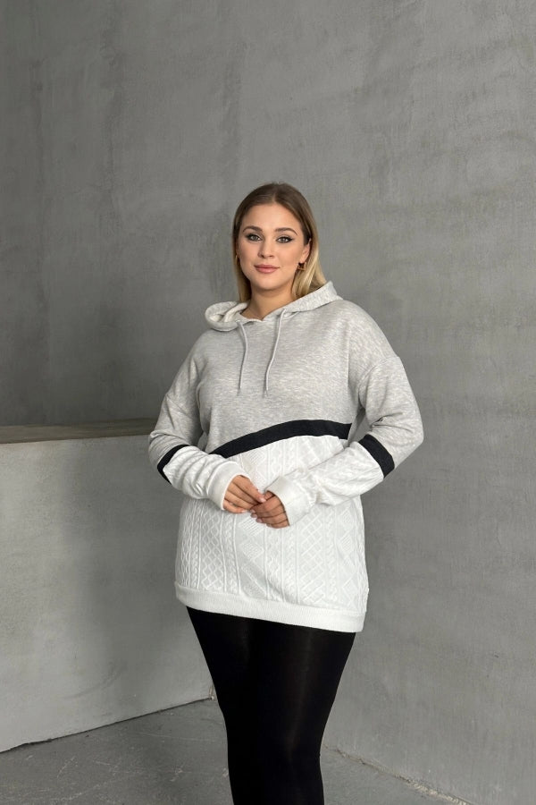 Büyük Beden Kapüşonlu Uzun Kollu İki Parça Görünümlü Cepsiz Sweatshirt 300264 Vervegrand
