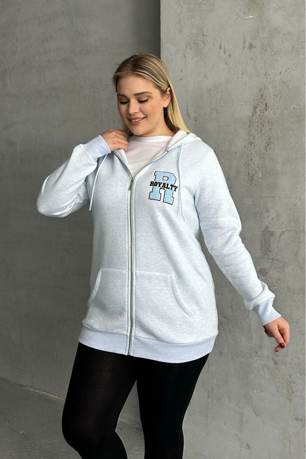 Büyük Beden Uzun Kollu Kapüşonlu Fermuarlı Cepli Yumuşak Hırka 302571 Vervegrand