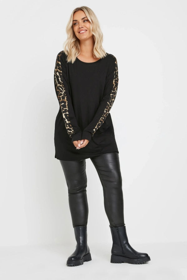 Büyük Beden Bisiklet Yaka Uzun Kolları Leopar Desenli Bluz 303723 Vervegrand