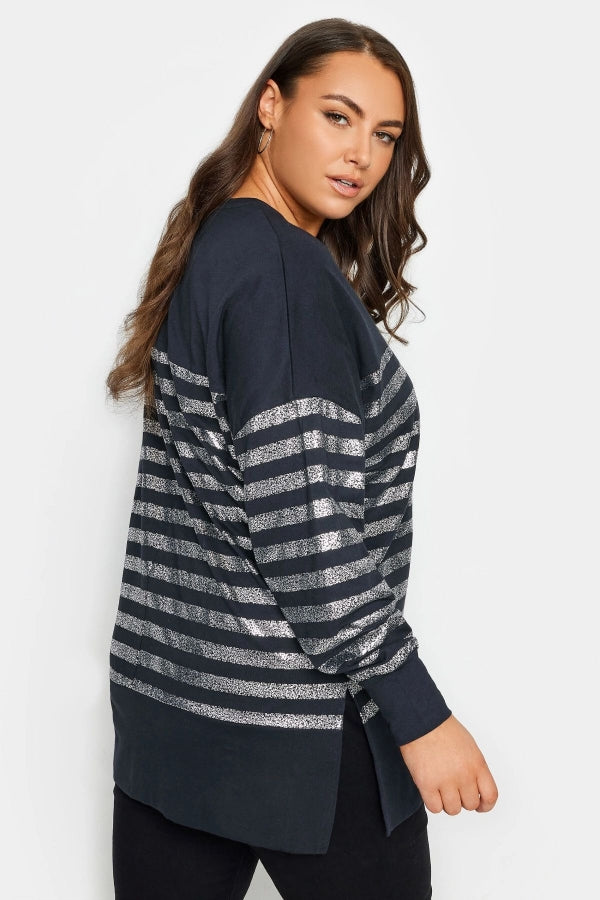Büyük Beden V Yaka Uzun Kollu Metalik Çizgili Sweatshirt 302790 Vervegrand