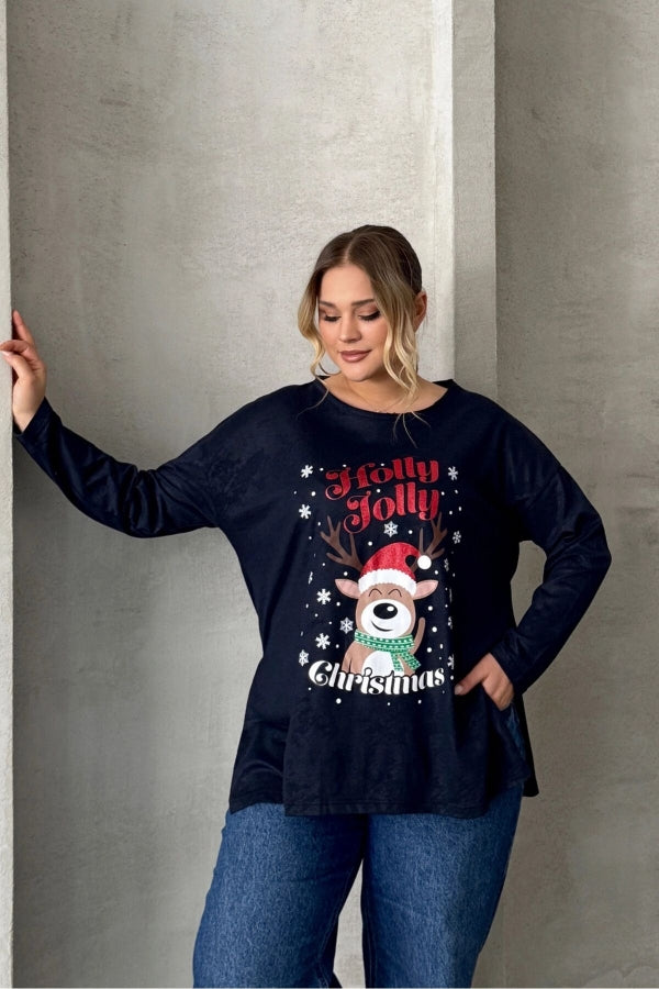 Büyük Beden Yılbaşı Temalı Bisiklet Yaka Uzun Kollu Yırtmaçlı Sweatshirt 303909 Vervegrand