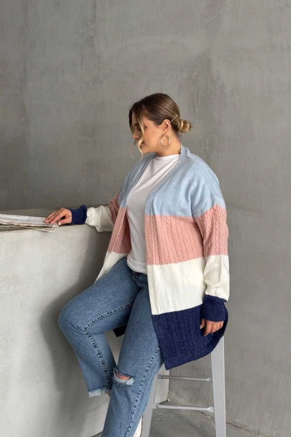 Büyük Beden Uzun Kollu Önü Kapamasız Renk Bloklu Triko Hırka 302147 Vervegrand