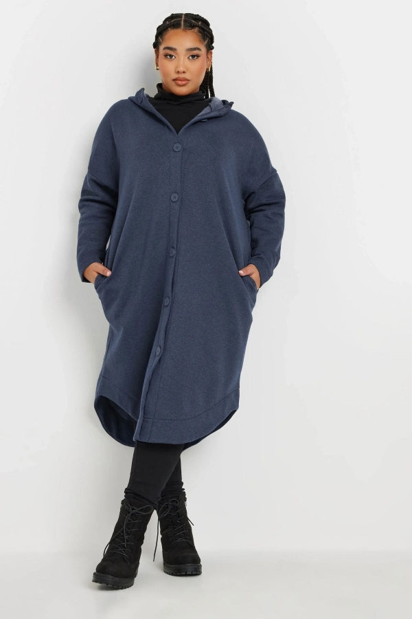 Büyük Beden Kapüşonlu Cepli Önü Düğme Kapamalı Uzun Ceket 303763 Vervegrand