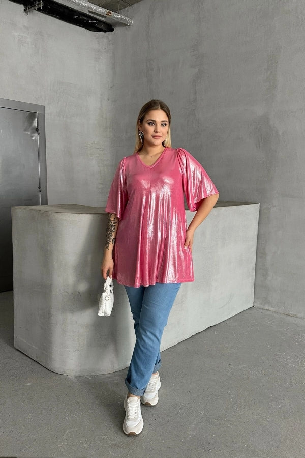 Büyük Beden V Yaka Kısa Kollu Parlak Görünümlü Bluz 303380 Vervegrand