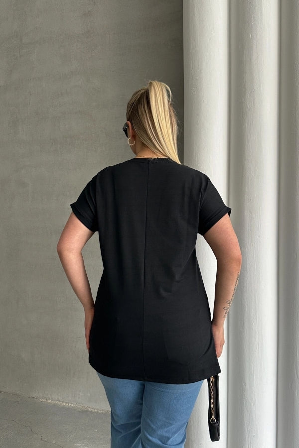 Büyük Beden Kısa Kollu Bisiklet Yaka Yanları Yırtmaçlı Boncuklu Basic T-shirt RFT-03 Vervegrand