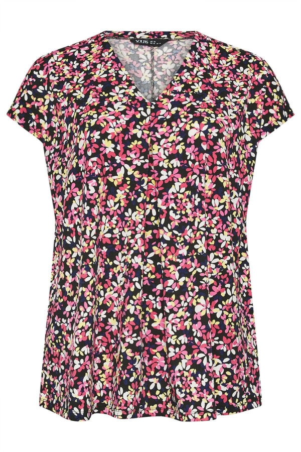 Büyük Beden V Yaka Çiçek Desenli Kısa Kollu Bluz 321703 Vervegrand