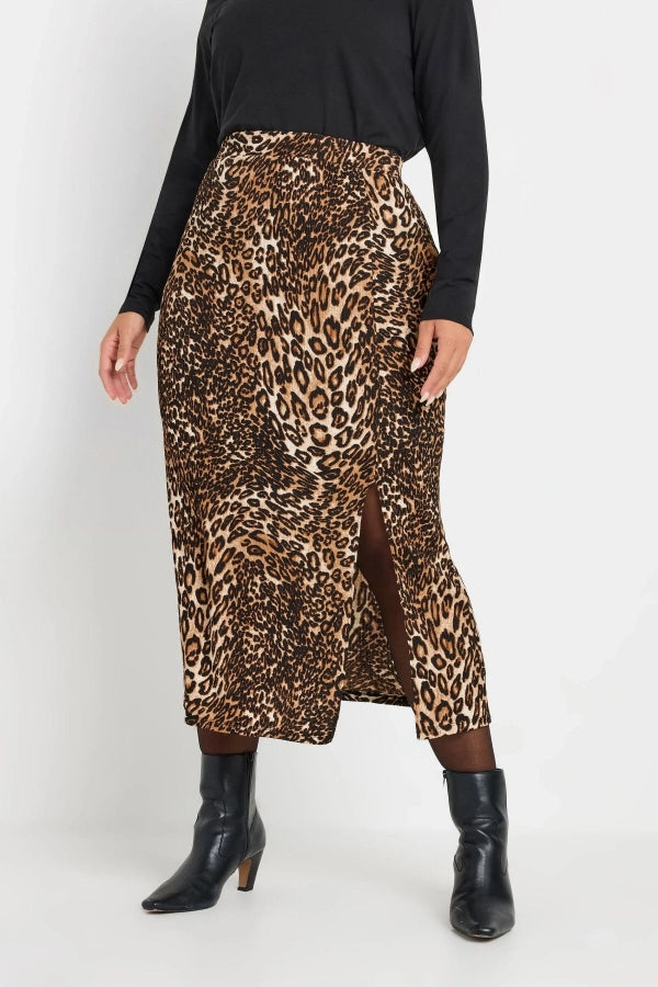 Büyük Beden Beli Lastikli Yırtmaçlı Leopar Desenli Midi Boy Etek 303706 Vervegrand