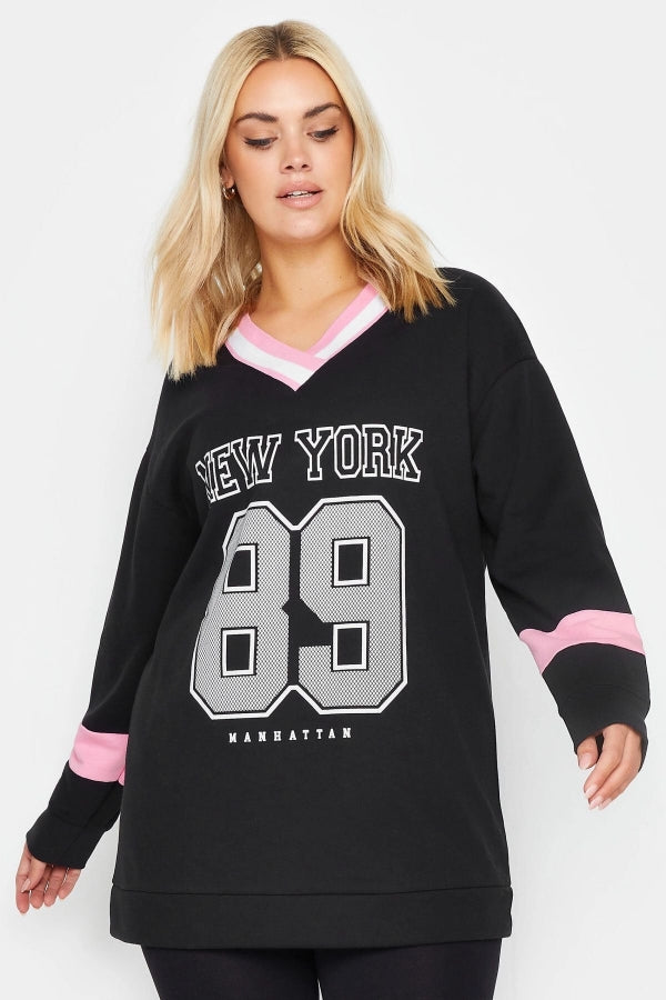 Vervegrand siyah büyük beden V yaka New York baskılı sweatshirt