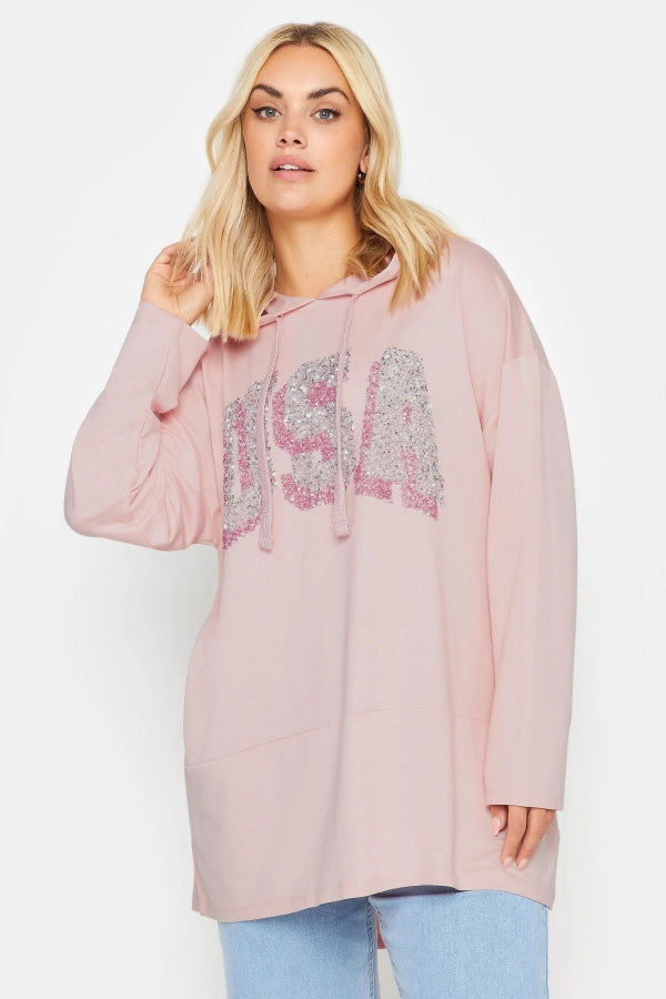 Vervegrand pembe renkli büyük beden payet detaylı sweatshirt ön görünüm