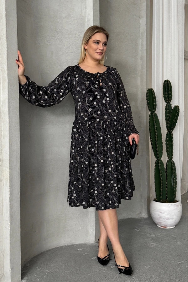 Büyük Beden Uzun Kollu Yakası Bağlama Detaylı Desenli Elbise 100-73 Vervegrand