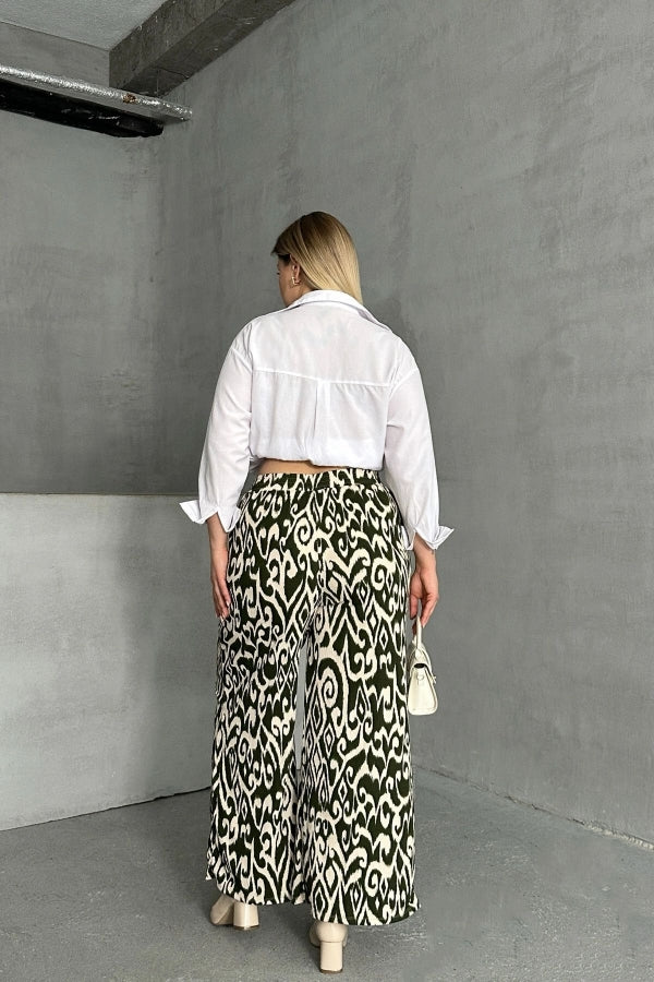 Haki Bej Büyük Beden Beli Lastikli Bol Paça Desenli Cepli Pantolon 303654 Vervegrand