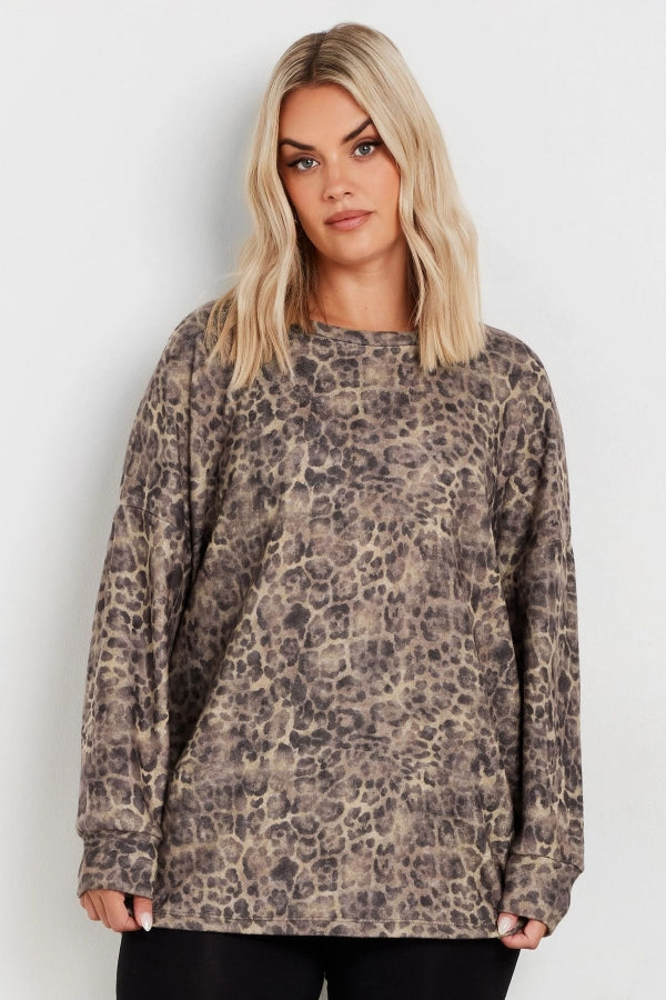 Büyük Beden Bisiklet Yaka Uzun Kollu Leopar Desenli Bluz 322185 Vervegrand