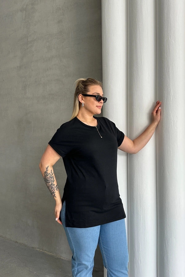 Büyük Beden Kısa Kollu Bisiklet Yaka Yanları Yırtmaçlı Basic T-shirt RFT-01 Vervegrand