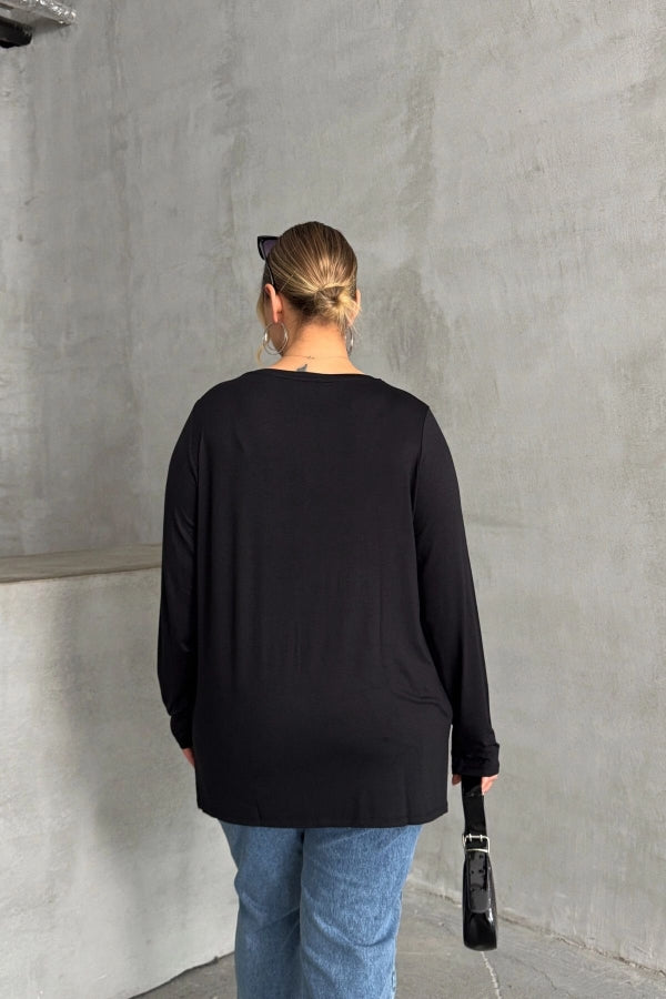 Büyük Beden Uzun Kollu Bisiklet Yaka Taş İşlemeli İnce Bluz 173716 Vervegrand