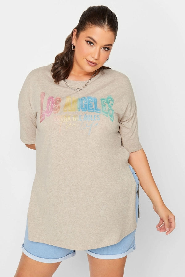 Vervegrand büyük beden bej renkli grafik baskılı t-shirt