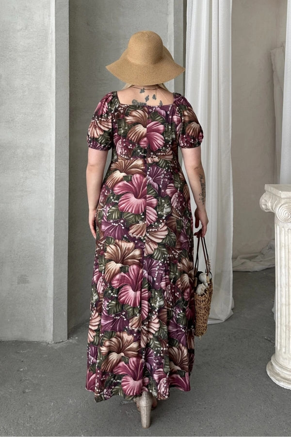 Büyük Beden Kısa Kollu Prenses Yaka Çiçek Desenli Maxi Elbise 74-80 Vervegrand