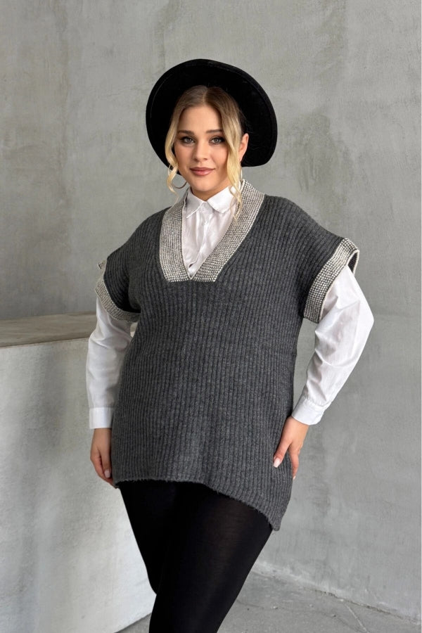 Büyük Beden V Yaka Kısa Kollu Triko Süveter 302138 Vervegrand