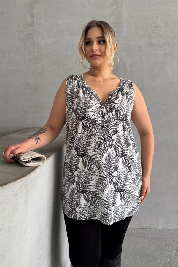 Büyük Beden Sıfır Kol Desenli V Yaka Önü Düğmeli Uzun Kesim Bluz 35047 Vervegrand