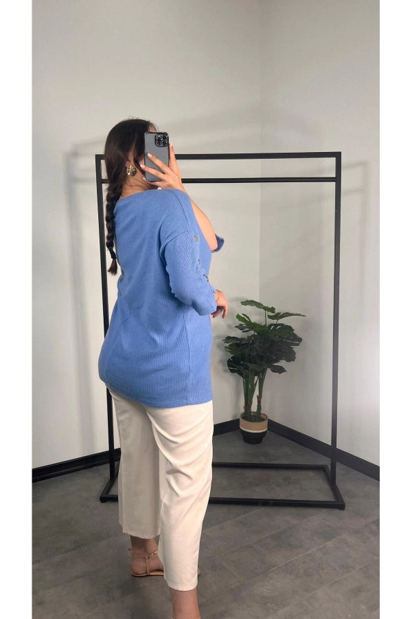 Büyük Beden Bisiklet Yaka Yarım Kollu Düğme Detaylı Bluz 301597 Vervegrand