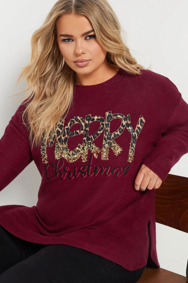 Vervegrand büyük beden Merry Christmas yazılı leopar desenli sweatshirt