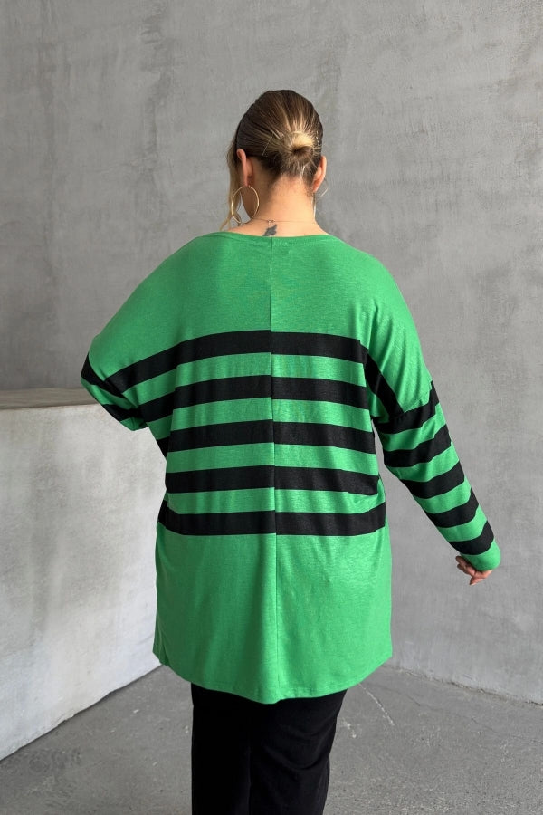 Büyük Beden Midi Boy Uzun Kollu Çizgili İnce Hırka 301568 Vervegrand