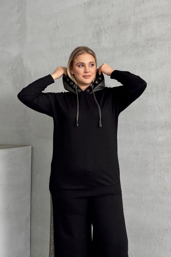 Büyük beden kapüşonlu metalik detaylı siyah triko sweatshirt