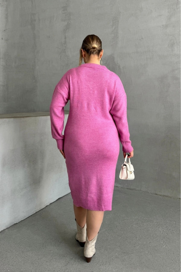 Büyük Beden V Yaka Uzun Kollu Örme Kazak Elbise 302336 Vervegrand