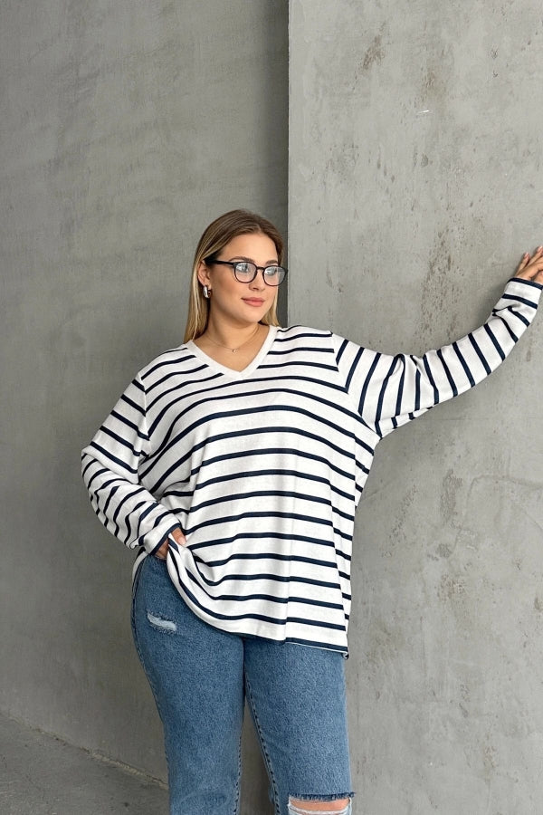 Büyük Beden Uzun Kollu Çizgili Mevsimlik T-shirt SD-1063 Vervegrand