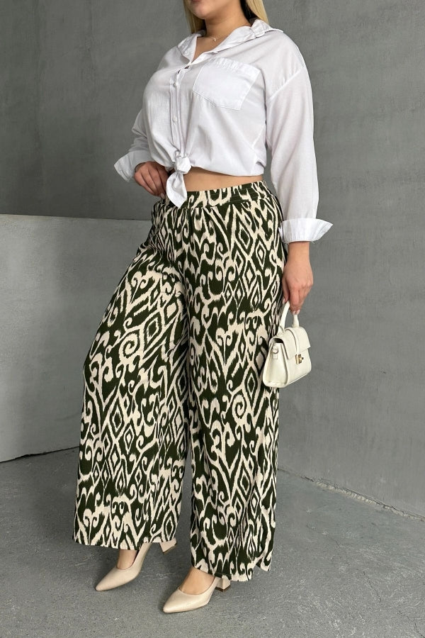 Haki Bej Büyük Beden Beli Lastikli Bol Paça Desenli Cepli Pantolon 303654 Vervegrand