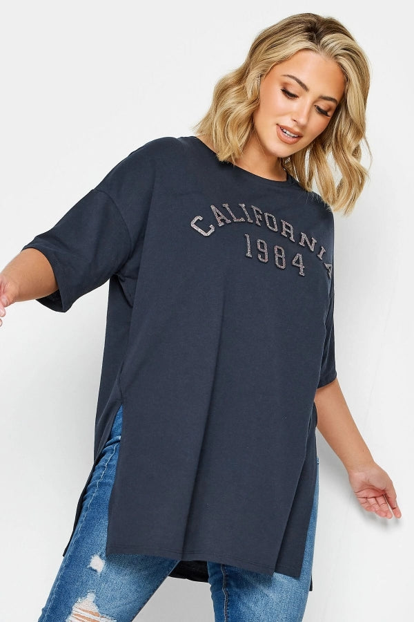 Vervegrand büyük beden antrasit California yazılı yan yırtmaçlı t-shirt