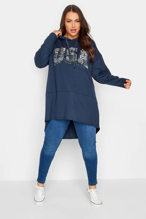 Büyük Beden Kapüşonlu Payetli Asimetrik Uzun Kesim Sweatshirt 301768 Vervegrand