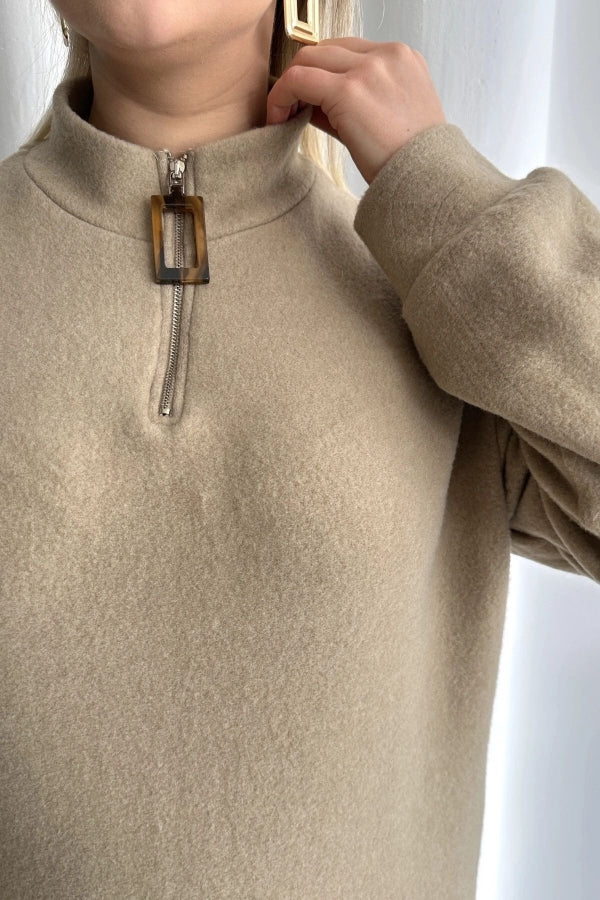 Büyük Beden Uzun Kollu Yumuşak Dokulu Yakası Fermuarlı Triko Elbise 106-37 Vervegrand