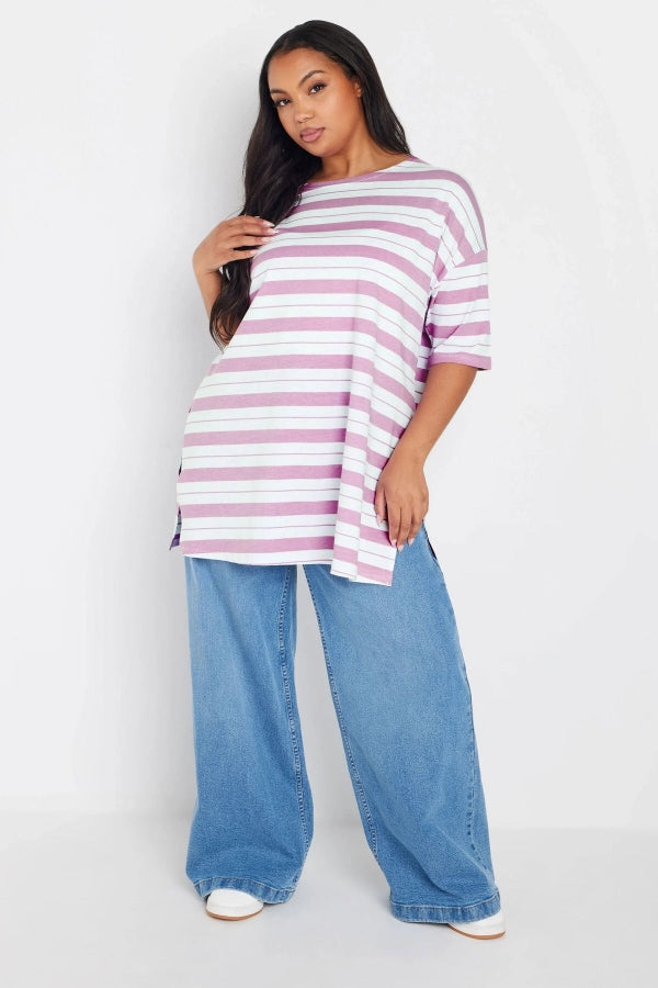 Büyük Beden Bisiklet Yaka Kısa Kollu Yanları Yırtmaçlı Çizgili T-shirt 303944 Vervegrand