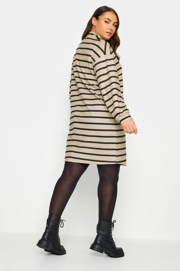Büyük Beden Fermuarlı Polo Yaka Uzun Kollu Çizgili Elbise 302881 Vervegrand