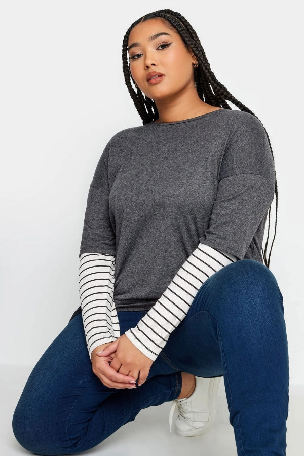 Büyük Beden Bisiklet Yaka Çift Katlı Kolları Çizgili T-shirt 302764 Vervegrand