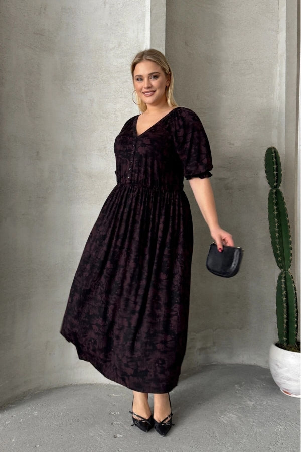 Büyük Beden Kısa Kollu V Yaka Önü Düğmeli Beli Lastikli Elbise 303699 Vervegrand