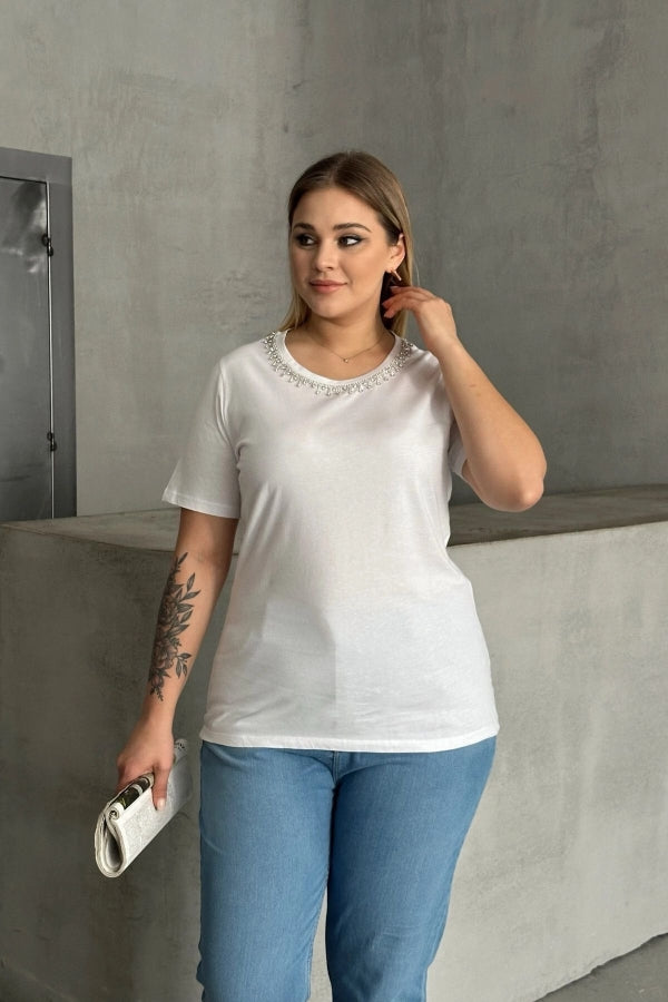 Büyük Beden Bisiklet Yaka Yakası Taş Detaylı Basic T-shirt SD-1064 Vervegrand