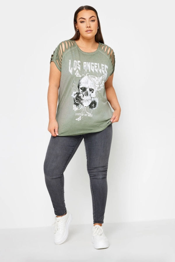 Büyük Beden Bisiklet Yaka Kol ve Omuz Detaylı Baskılı T-shirt 302895 Vervegrand
