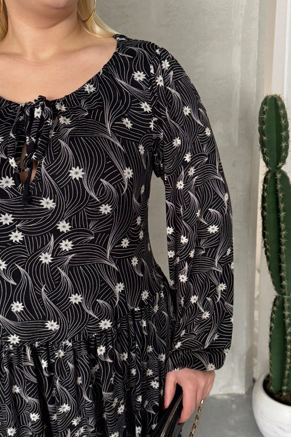 Büyük Beden Uzun Kollu Yakası Bağlama Detaylı Desenli Elbise 100-73 Vervegrand