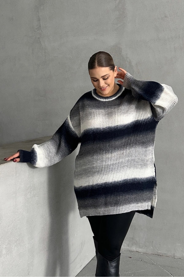 Büyük Beden Uzun Kollu Bisiklet Yaka Renk Bloklu Yırtmaçlı Triko Kazak 302345 Vervegrand