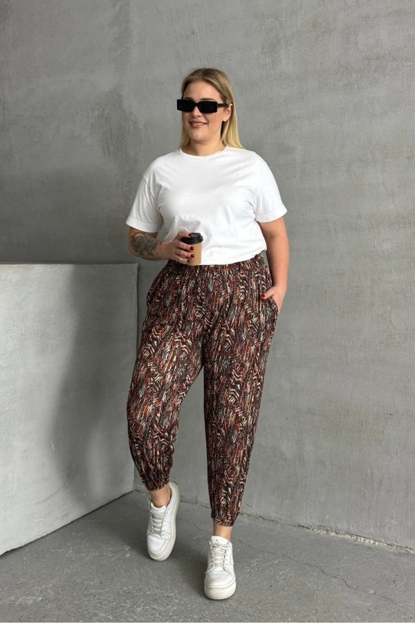Büyük Beden Beli ve Paçası Lastikli Desenli Cepli Pantolon 74-77 Vervegrand