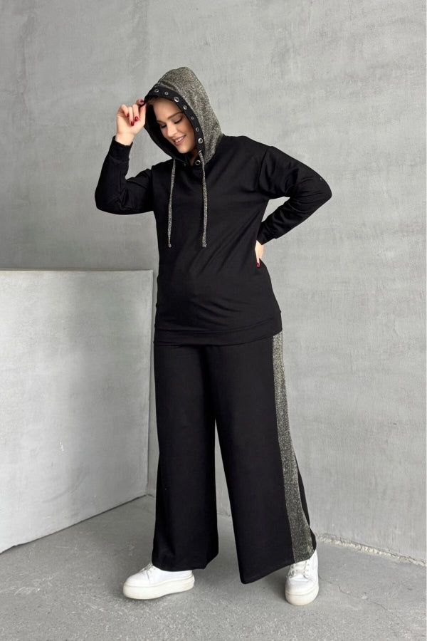 Büyük beden kapüşonlu metalik detaylı siyah triko sweatshirt