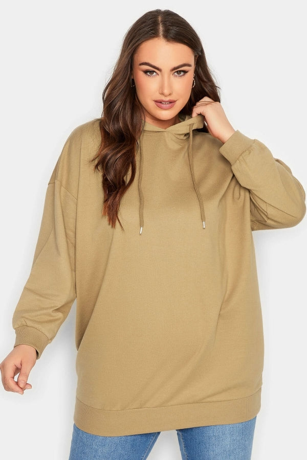 Vervegrand büyük beden kapüşonlu haki sweatshirt önden görünüm
