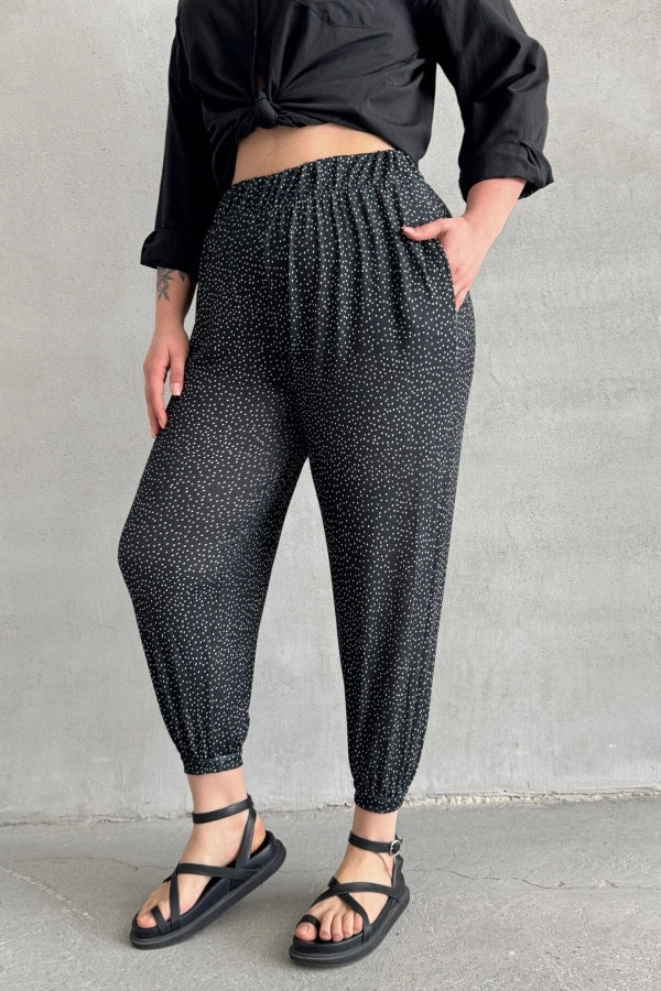 Büyük Beden Beli ve Paçası Lastikli Cepli Desenli Şalvar Pantolon 74-73 Vervegrand