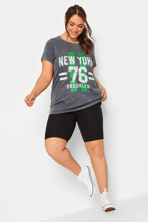 Vervegrand büyük beden New York baskılı füme yıkamalı t-shirt