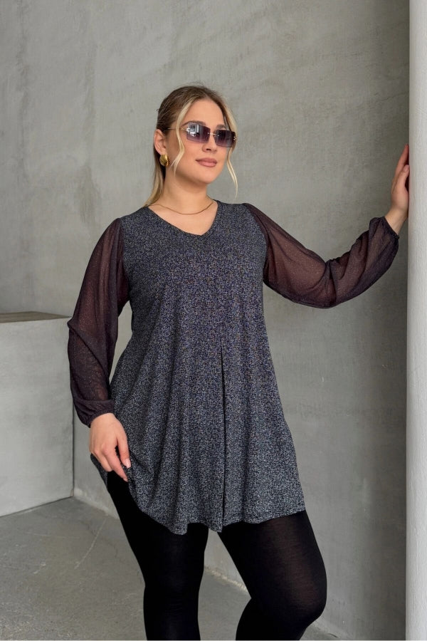 Büyük Beden Uzun Tül Kol V Yaka Bilekleri Lastikli Simli Bluz 78-132 Vervegrand